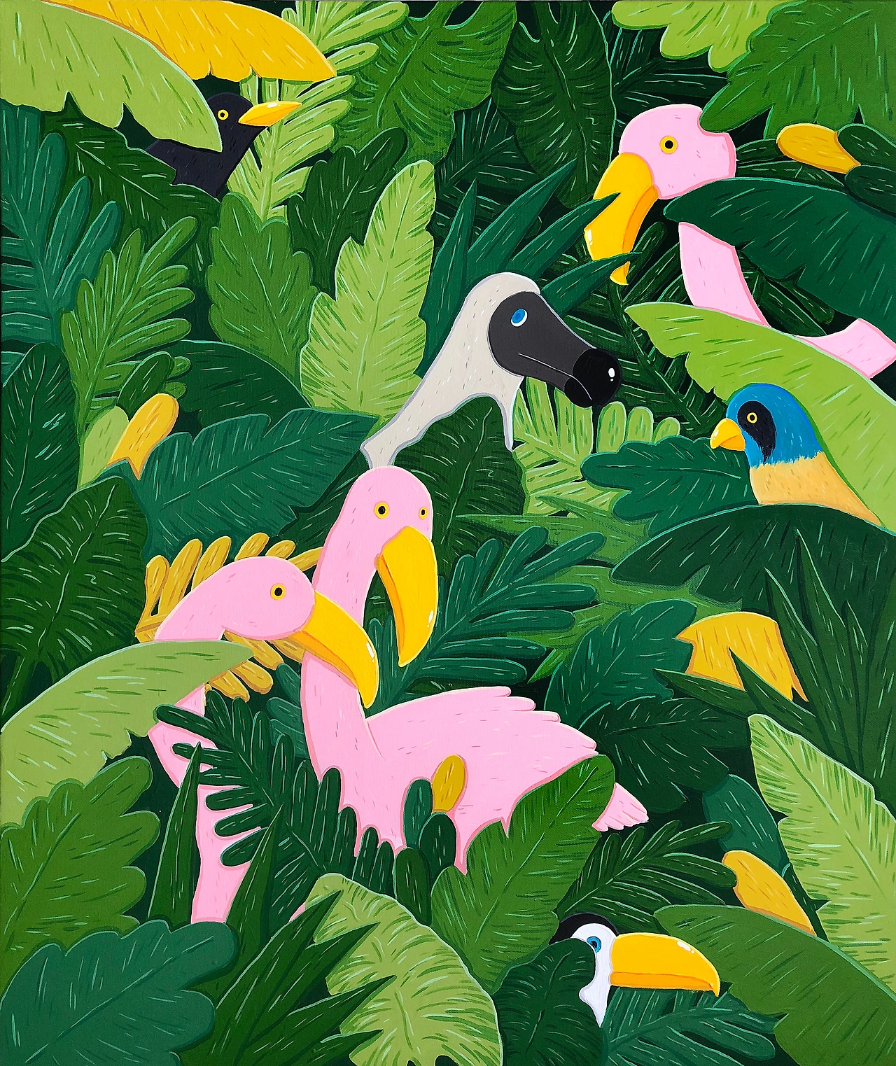 Dodo with birds, 72x60cm, gouache on canvas, 2018.JPG
