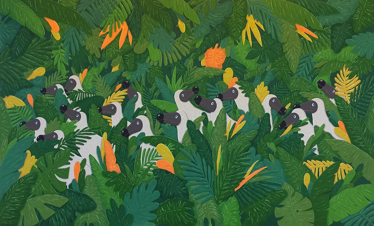 Roaming dodos, 97x162cm, gouache on canvas, 2017 (판매-미술은행).JPG