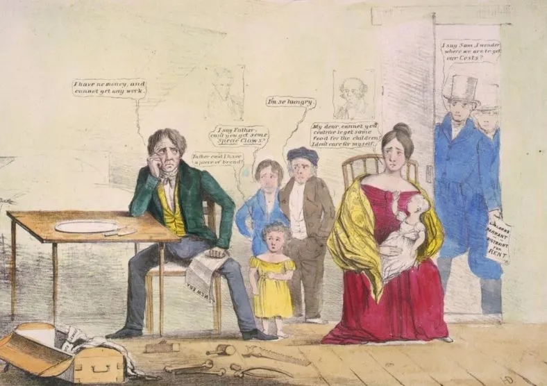 자1837년_공황_실업풍자_벽에 민주당 앤드류 잭슨 과 마틴 반 부렌의 초상화가있는 가족에 대한 실업의 영향을 보여주는 채찍 만화 ..JPG