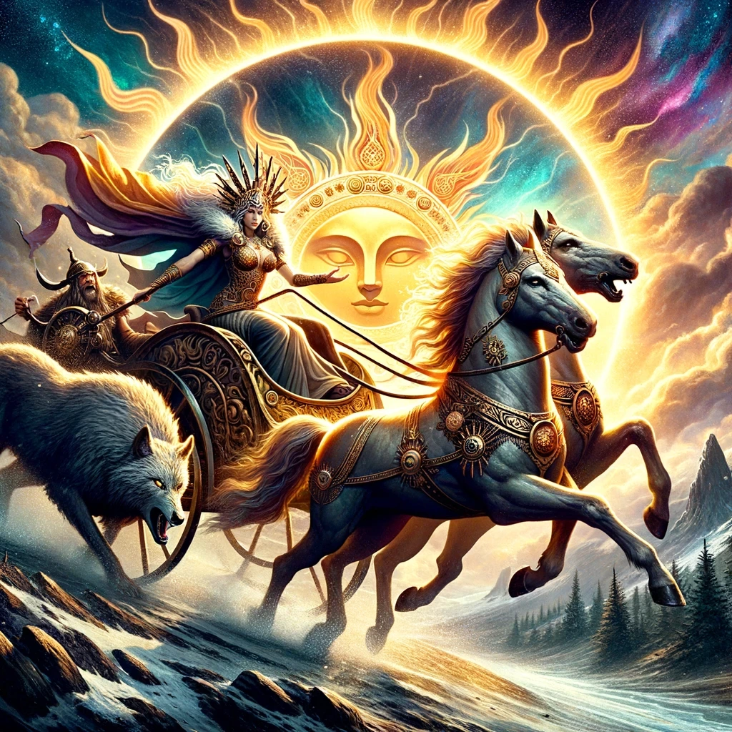 DALL·E 2024-03-09 23.16.59 - Create an image inspired by Sol, the Norse sun goddess from Norse mythology. Sol is depicted riding her chariot across the sky, pulled by two magnific.jpeg