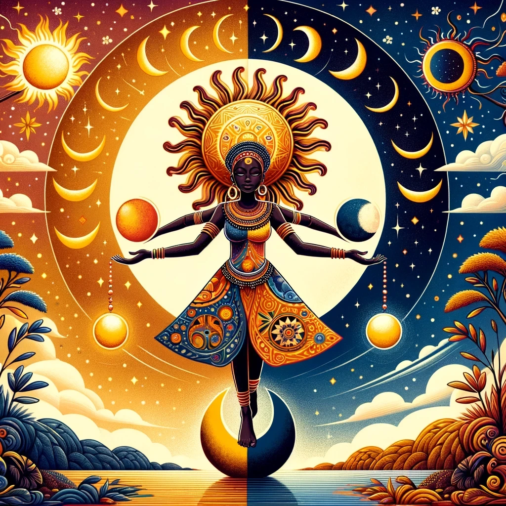 DALL·E 2024-03-09 23.20.41 - Create an image inspired by Liza, the deity of the sun and moon from West African mythology. Liza is depicted balancing the dual aspects of solar and .jpeg