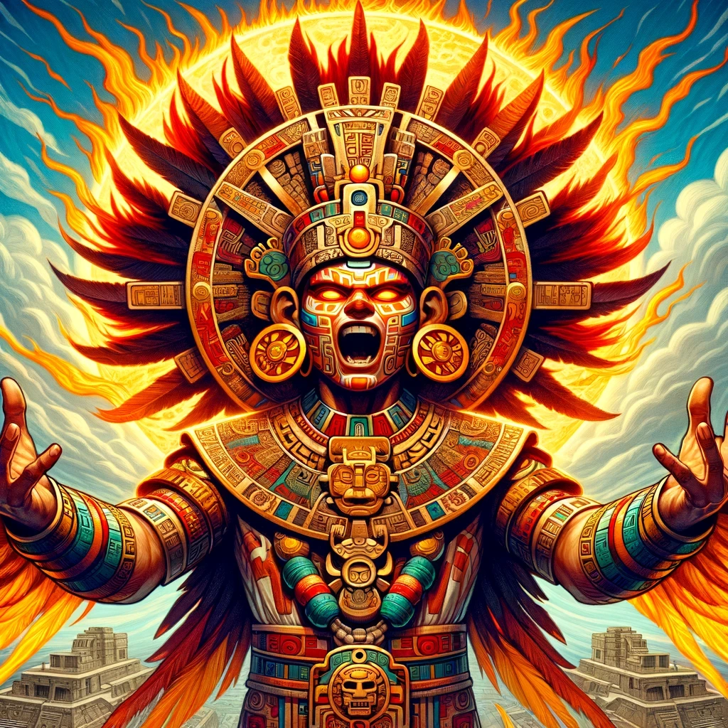 DALL·E 2024-03-09 23.18.36 - Create an image inspired by Tonatiuh, the Aztec sun god from Aztec mythology. Tonatiuh is depicted as a powerful deity with a fiery aura, embodying th.jpeg