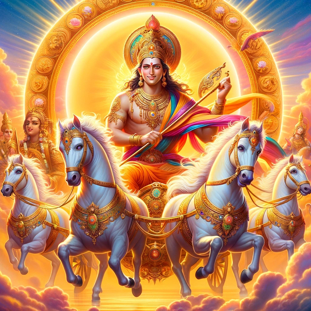 DALL·E 2024-03-09 23.19.40 - Create an image inspired by Surya, the Hindu sun god from Hindu mythology. Surya is depicted riding his magnificent seven-horse chariot across the sky.jpeg