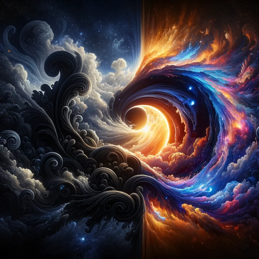 DALL·E 2024-03-10 21.47.30 - Create an image inspired by Te Po and Te Ao from Maori mythology, symbolizing the transition from darkness to light. Te Po represents the world of dar.jpeg