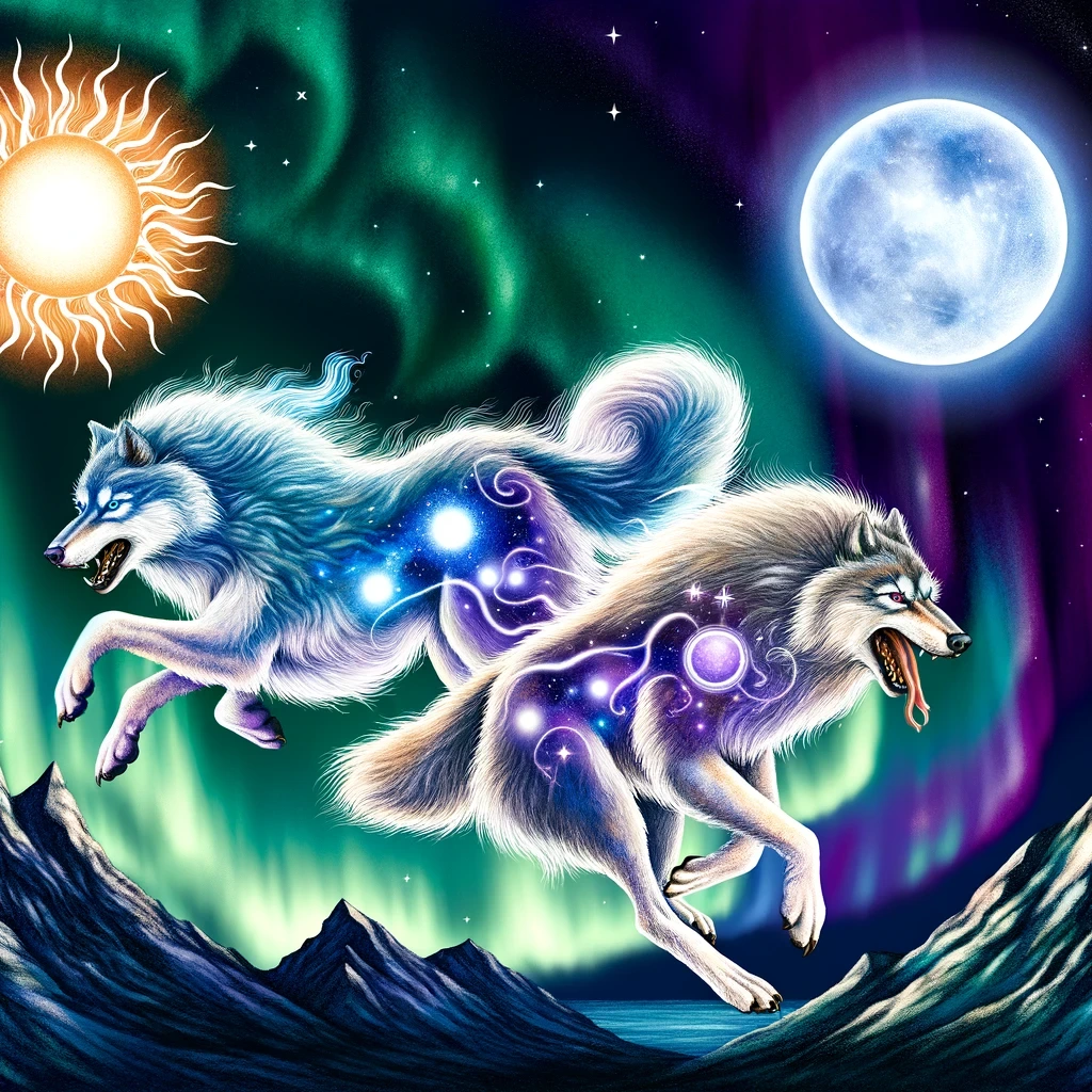 DALL·E 2024-03-10 21.47.08 - Create an image inspired by Skoll and Hati, the wolves from Norse mythology. Skoll and Hati are depicted as powerful, mystical wolves with fur that se.jpeg