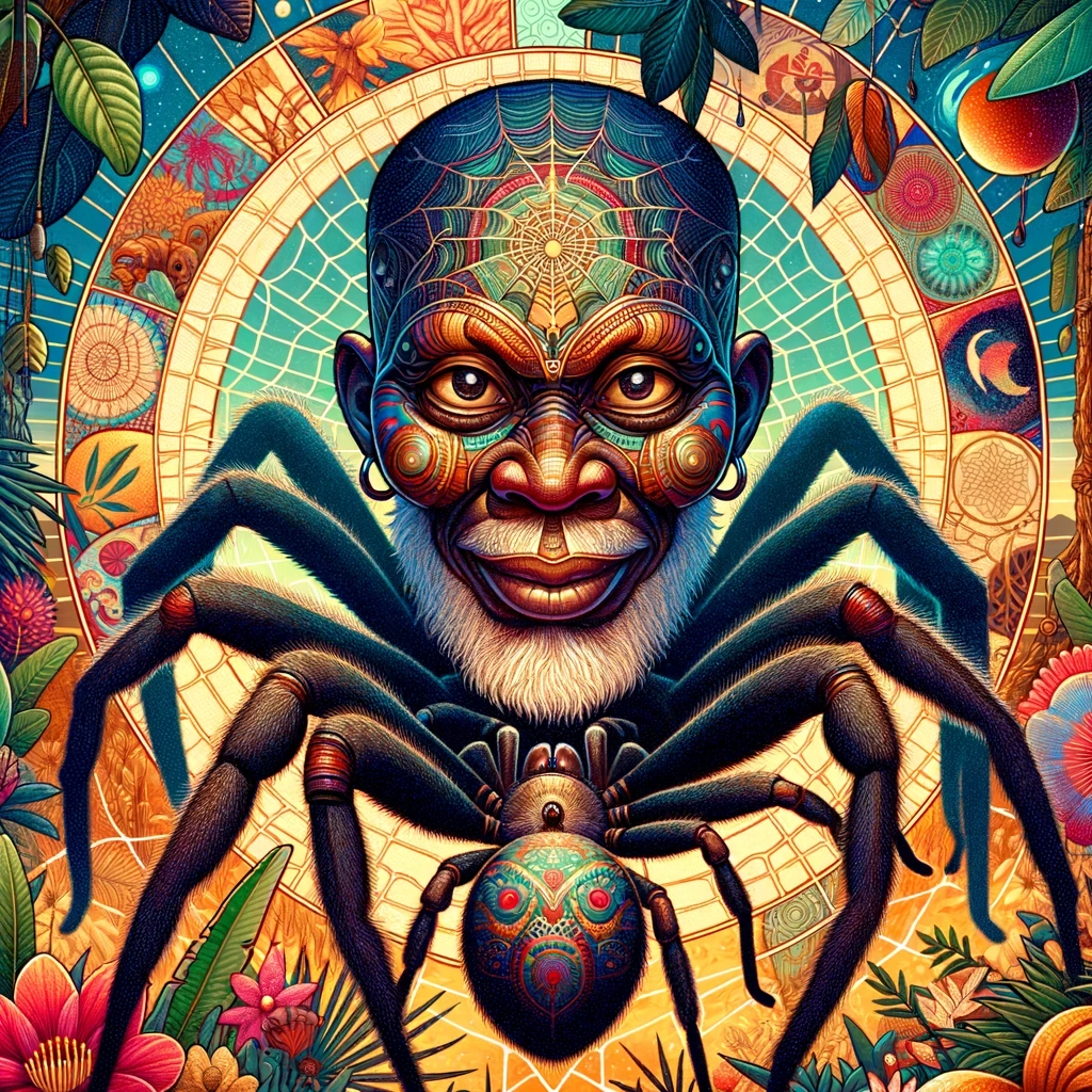 DALL·E 2024-03-10 21.48.51 - Create an image inspired by Anansi, the trickster god from West African and Caribbean folklore. Anansi is often depicted as a spider or a man with spi.jpeg