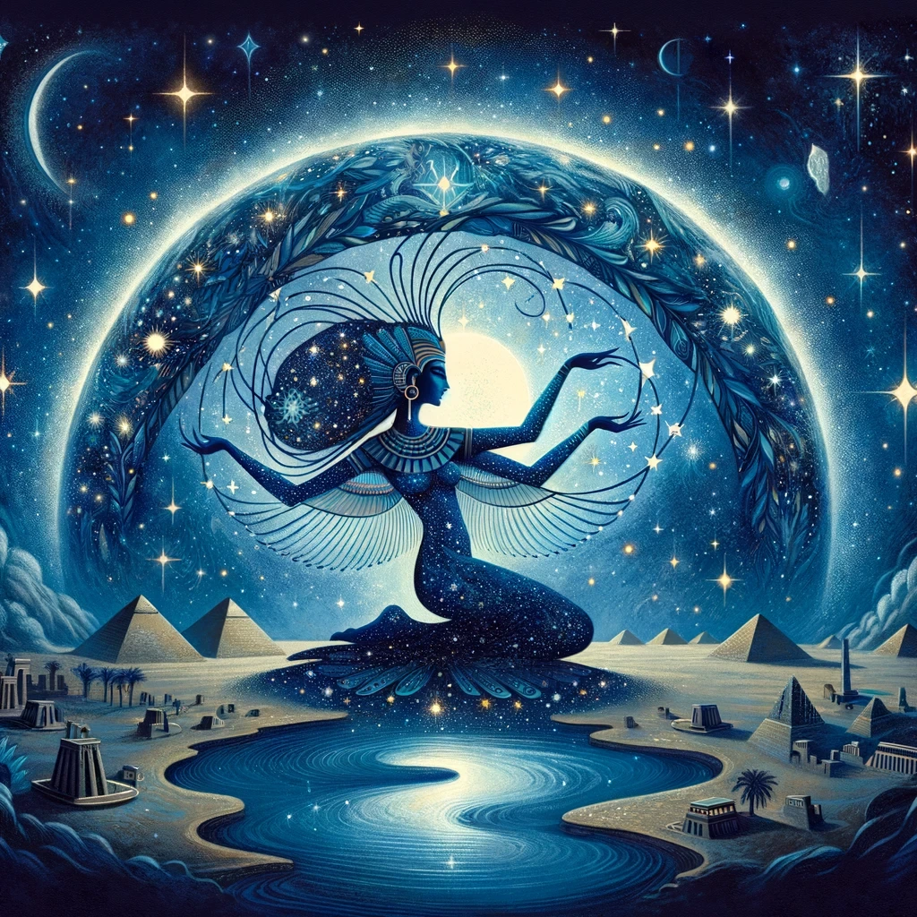 DALL·E 2024-03-10 21.47.10 - Create an image inspired by Nut, the sky goddess from Egyptian mythology. Nut is depicted as a majestic figure arching over the earth, her body covere.jpeg