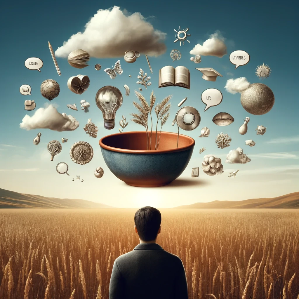 DALL·E 2024-05-24 12.10.28 - A person standing in a vast field under a clear sky, holding an empty, round ceramic bowl. Surrounding them are various books, experiences, and conver.jpeg