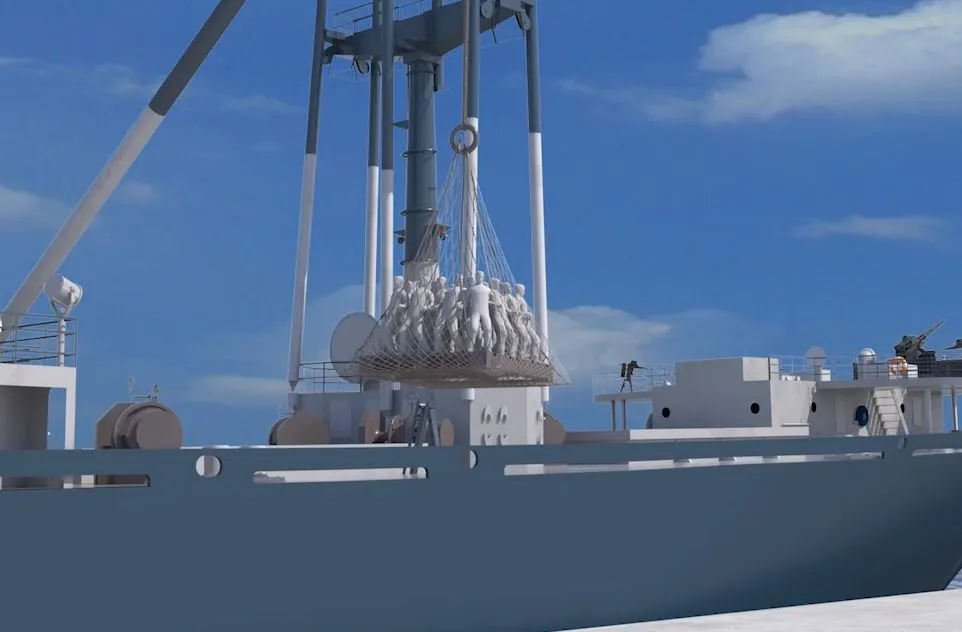 메러디스 빅토리호 짐 싣는 그물에 피난민을 실어날으는 모습-그래픽.JPG