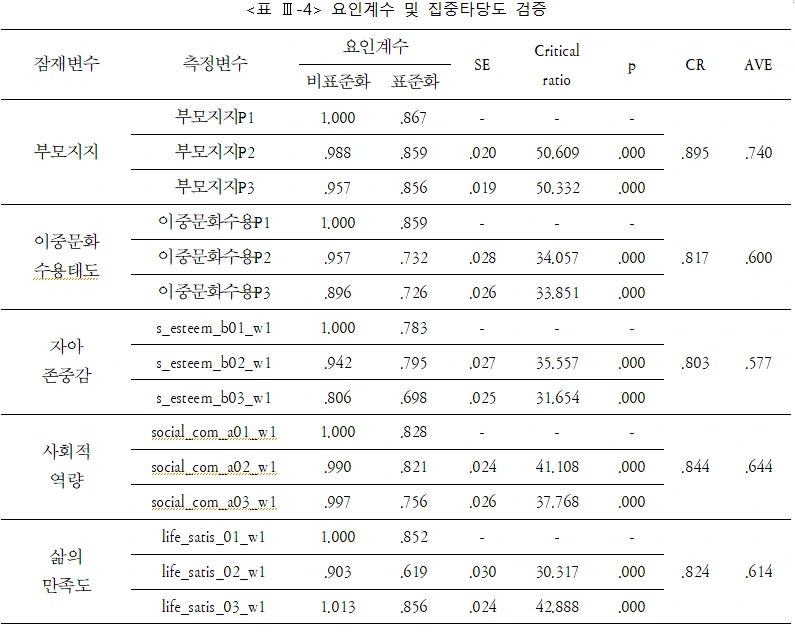 표 Ⅲ-4 요인계수 및 집중타당도 검증.PNG