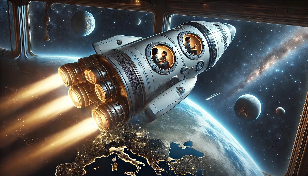 DALL·E 2024-09-30 13.43.47 - A space rocket flying through the vastness of space, with a full view of the rocket from the outside. The rocket is sleek and futuristic, with the Ear.jpeg