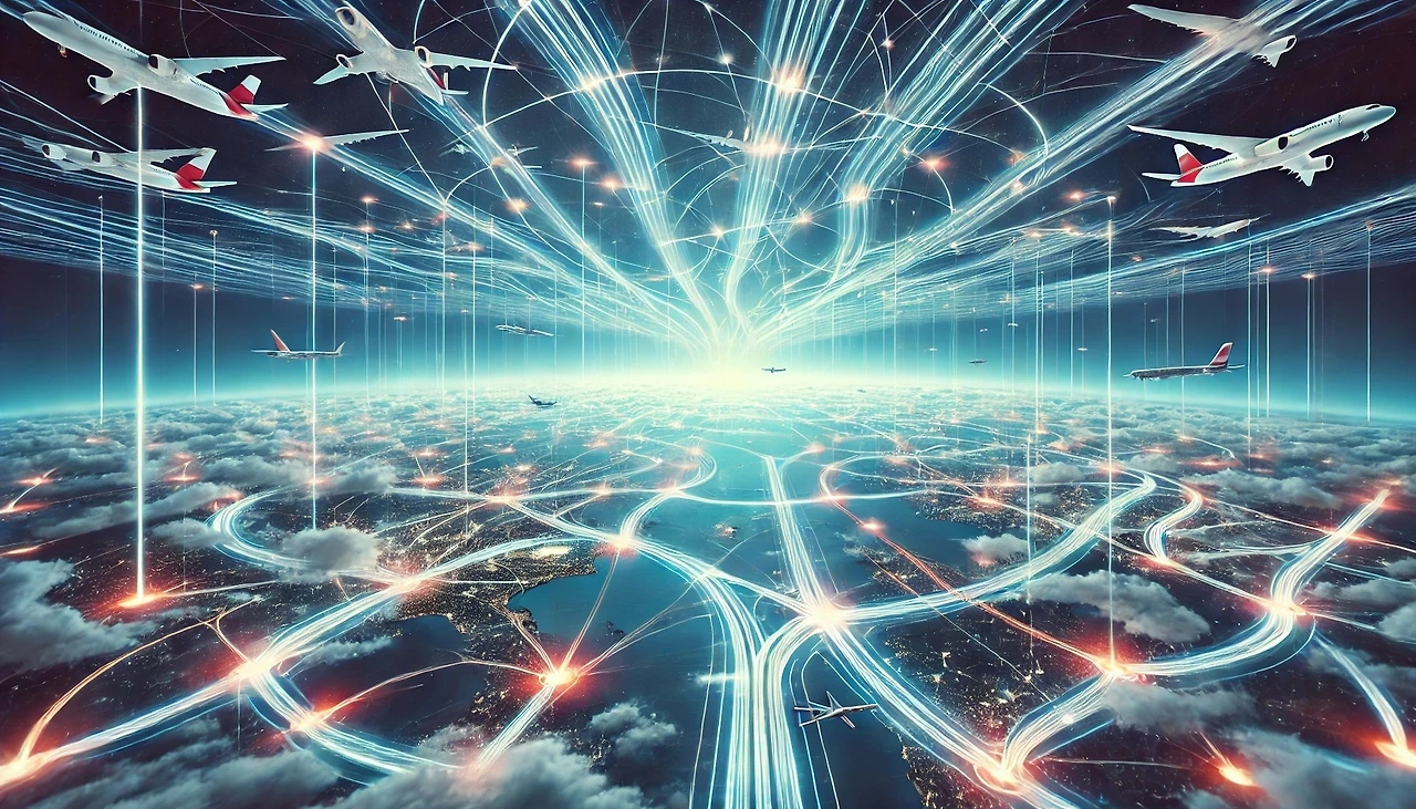 DALL·E 2024-09-20 08.15.02 - A surreal depiction of a hidden network of airplane highways in the sky, invisible to ordinary people but visible to aviation professionals. The scene.jpeg