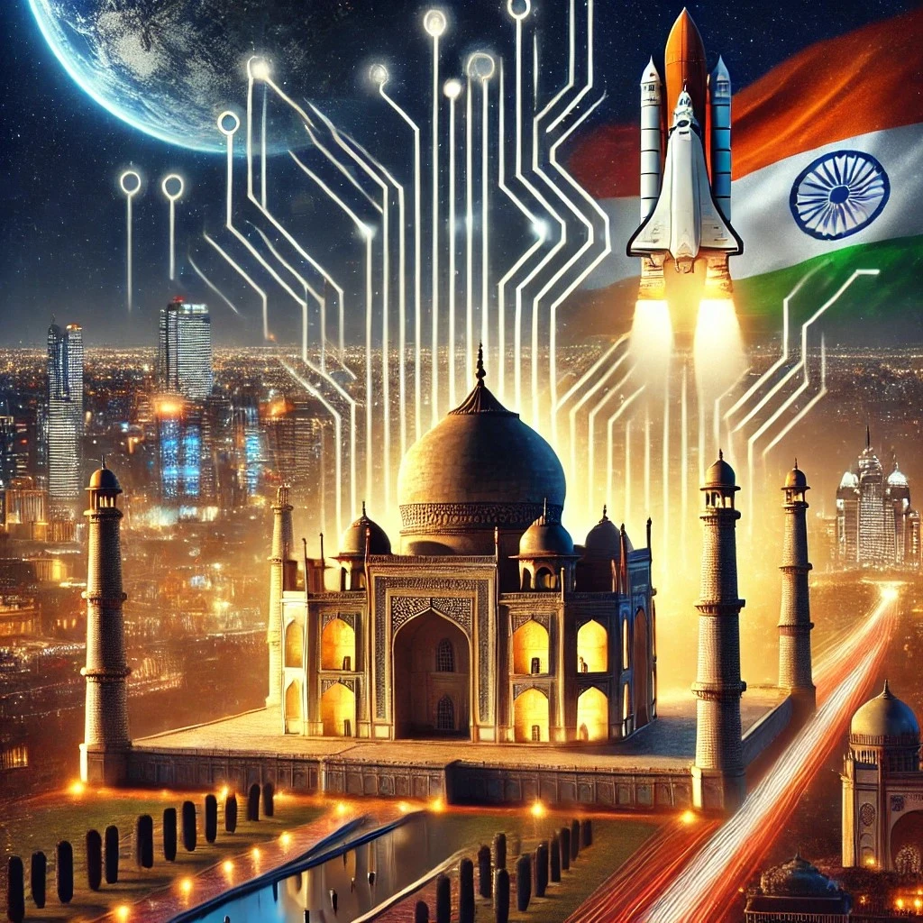DALL·E 2025-02-19 11.45.50 - A striking representation of India as a rising global superpower. The image features the Taj Mahal illuminated with a glowing digital circuit, symboli.jpeg