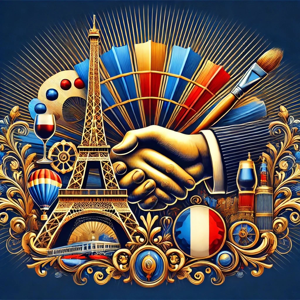 DALL·E 2025-02-19 11.47.33 - A striking representation of France as a global cultural and diplomatic power. The image features the Eiffel Tower with a golden handshake in the fore.jpeg