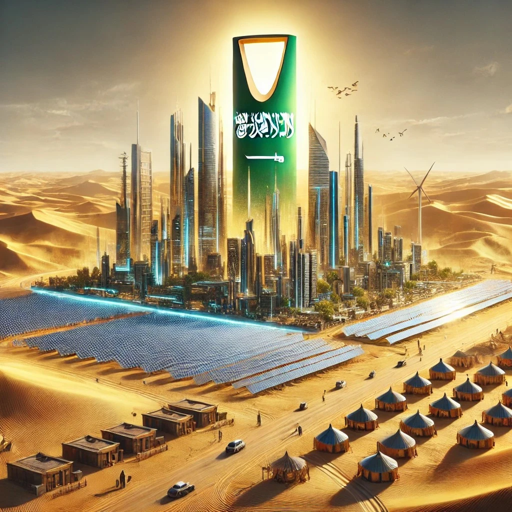 DALL·E 2025-02-19 11.55.55 - A futuristic representation of Saudi Arabia’s transformation, set in a vast desert landscape. The image features a cutting-edge city emerging from the.jpeg