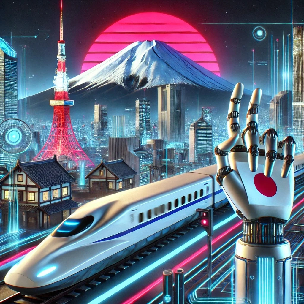 DALL·E 2025-02-19 11.48.39 - A refined and futuristic representation of Japan as a leader in technology and innovation. The image features Mount Fuji in the background with a slee.jpeg