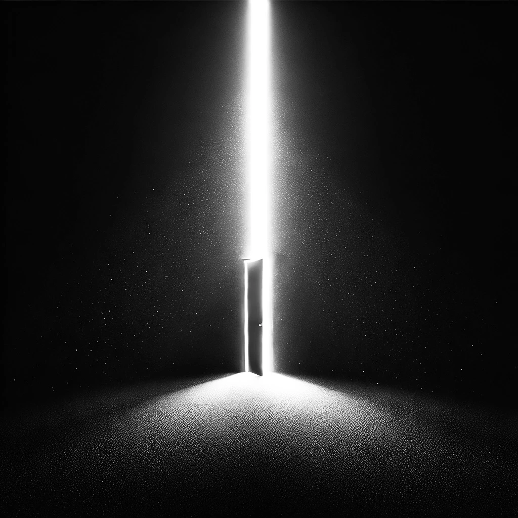 DALL·E 2025-04-17 19.39.59 - An illustration of a narrow door in an almost completely dark space. The surroundings are pitch-black, creating a sense of deep mystery or spiritual d.jpeg