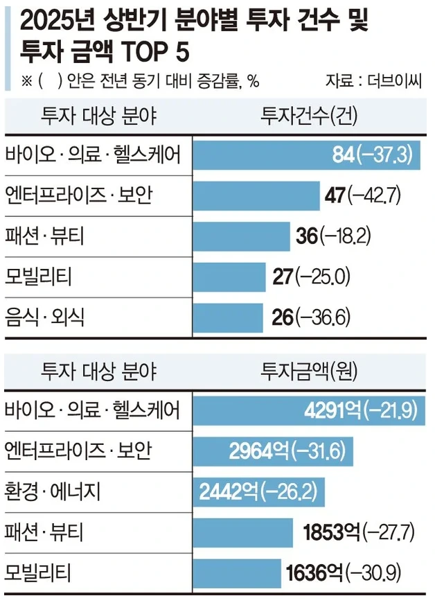 [사진 3] 2025년 상반기 분야별 투자 건수 및 투자금액 top5_출처 fnnews.com(자료-theVC).PNG