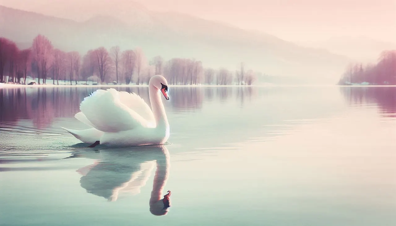 물결이 잔잔한 호수 위를 우아하게 거니는 새하얀 백조의 모습, 동화풍, 파스텔 톤 (1).jpeg