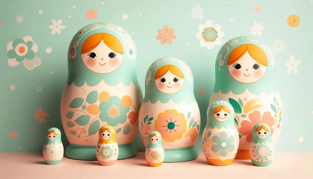 마트료시카 인형. 파스텔톤, 밝은 분위기. 심플함, 큰 인형과 작은인형들.jpeg