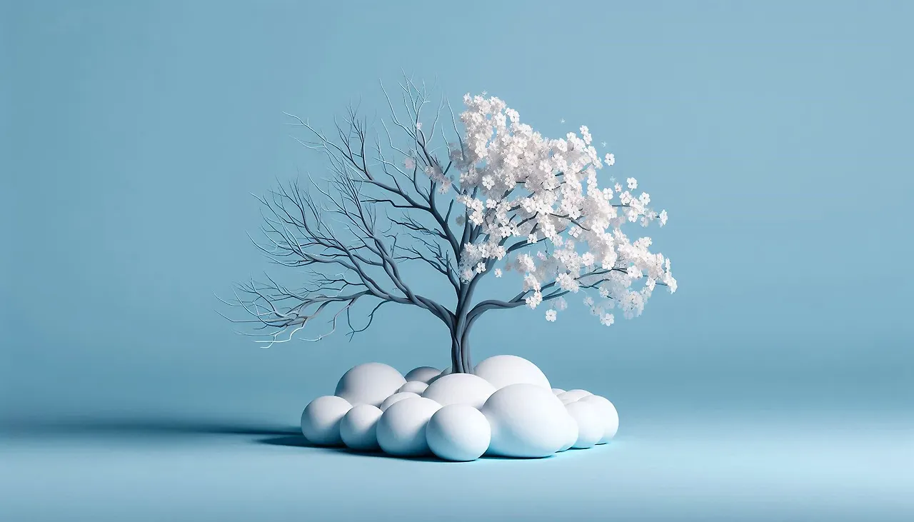 한쪽에는 번거로워지고 불모의 가지가 있는 벚꽃 나무, 그리고 미니멀한 3D 디지털 아트 스타일로 비어 있고 단색의 파란색 배경이 있는 단순한 대구에 흰색 꽃이 있는 가지가 피어납니.jpeg