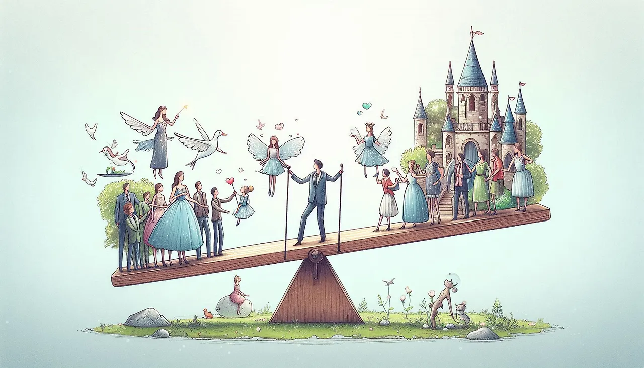 시소, 기업과 구성원이 시소의 양 끝에 있고 시소의 가운데에서 시소의 균형을 잡고 있는 사람의  모습, 동화스타일. .jpeg