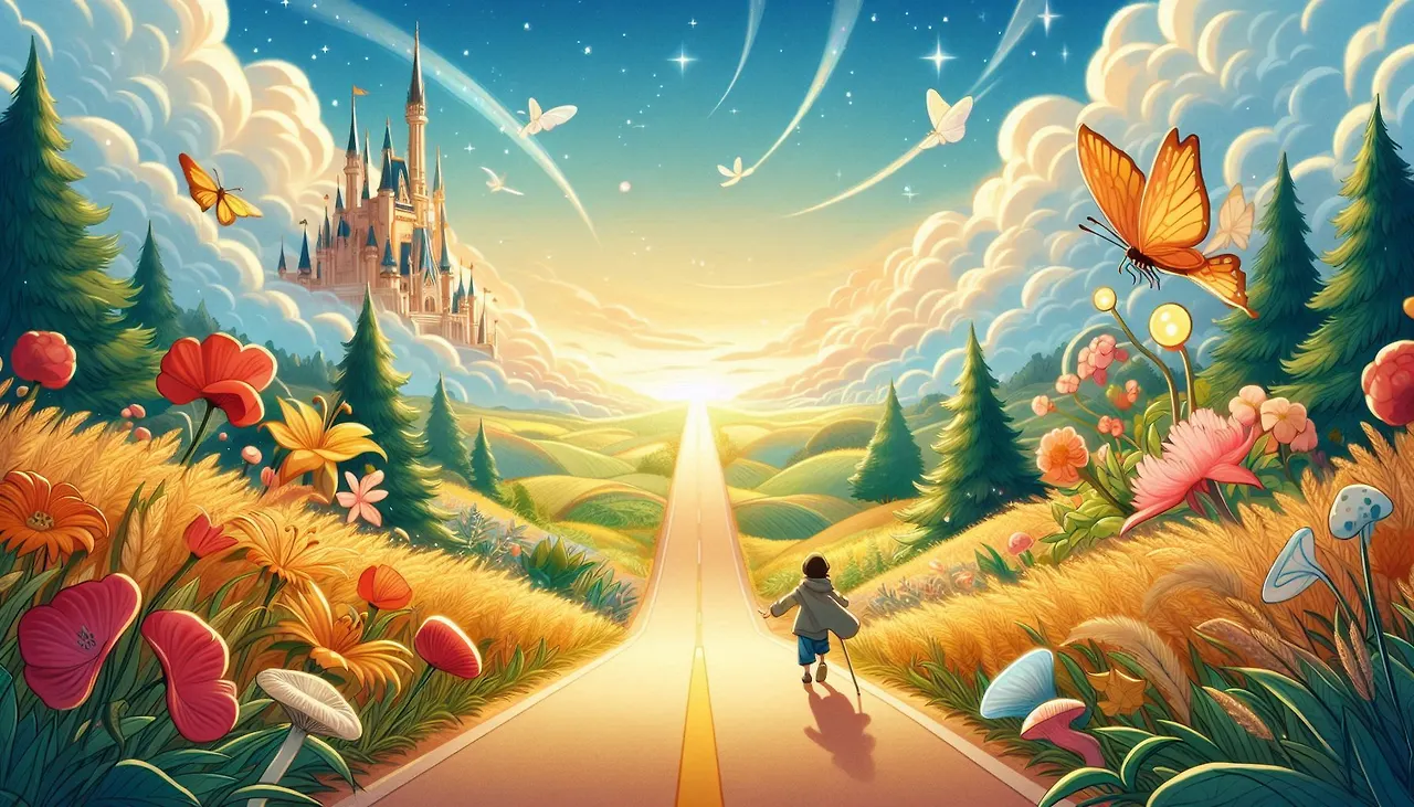 수평선과 맞닿는 길이 있고 그 길의 시작점에서 첫 걸음을 내딛는 그림. 일러스트. 동화풍 스타일, 밝고 힘찬 분위기.jpeg