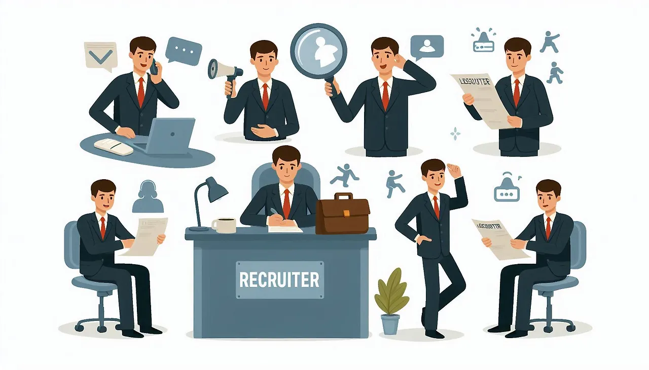 다양한 활동을 하고 있는 리크루터의 모습. 컷아웃 스타일의 일러스트레이션.jpeg