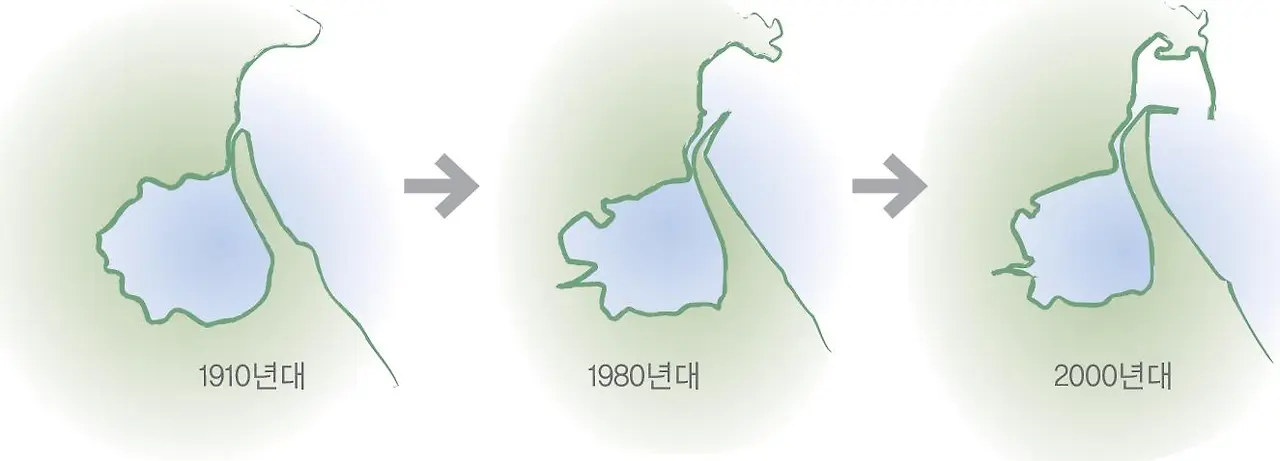 사진4-청초호의 면적 변화. 1990년대 호수의 약 3분의 1이 매립되면서 규모가 대폭 줄었다.-원주지방환경청 제공..JPG