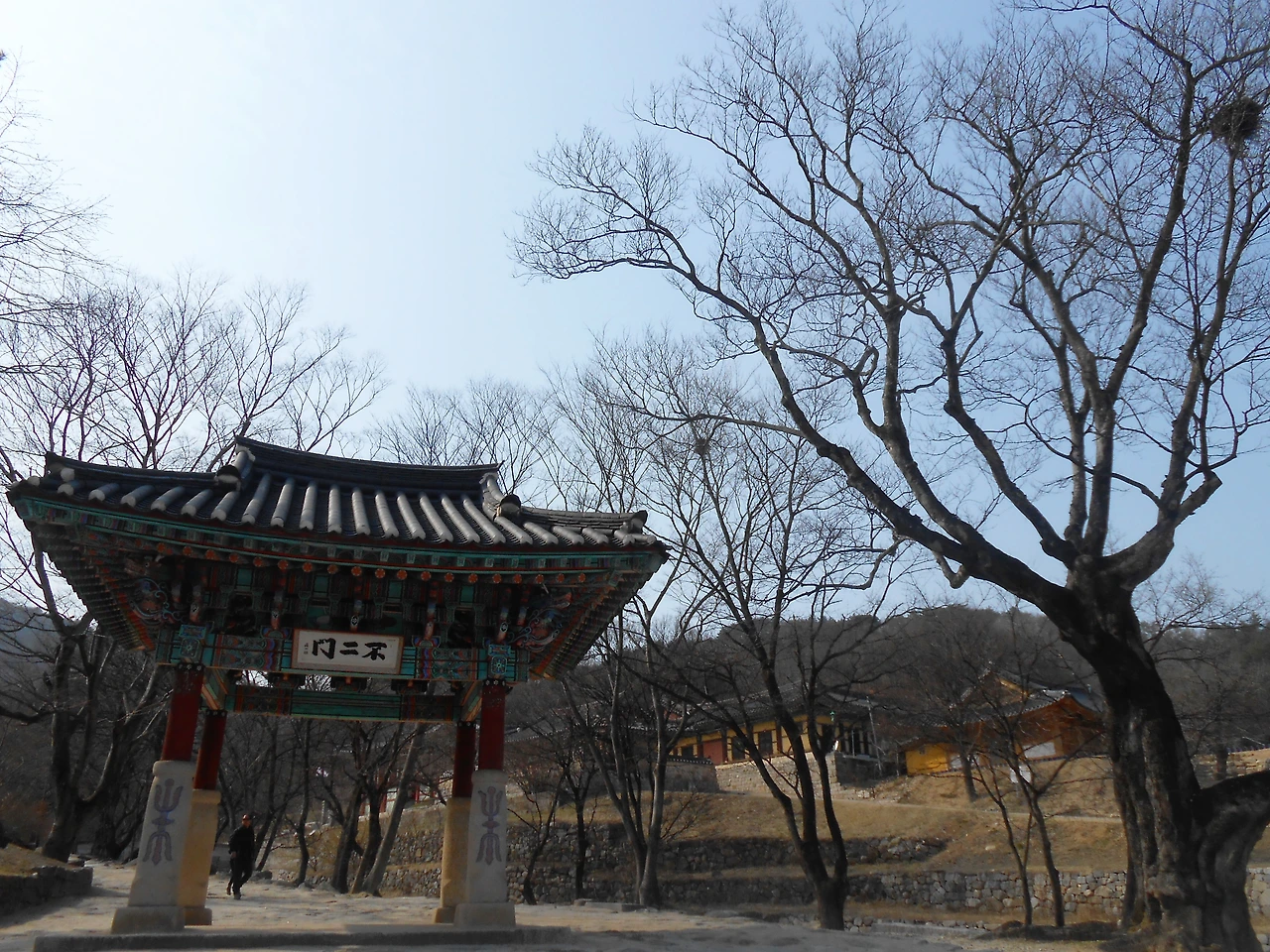 사진2-1920년에 건립된 불이문. 한국전쟁 때 유일하게 불타지 않은 건물이다. 그 옆으로 수령 약 500년된 팽나무가 함께 건봉사를 지키고 있다..JPG