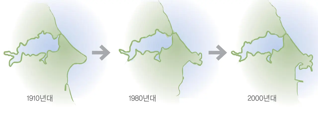 사진5-영랑호의 면적변화. 옛 문헌에 의하면 영랑호 주위가 30여 리(약 12km)에 달했다고 한다. 현재는 약 7.7km다. -원주지방환경청 제공..JPG