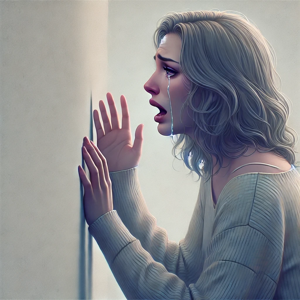 DALL·E 2025-02-03 02.36.24 - A digital painting of a sad and frustrated woman talking to a blank wall, expressing a deep sense of helplessness and emotional exhaustion. Her hands .JPG