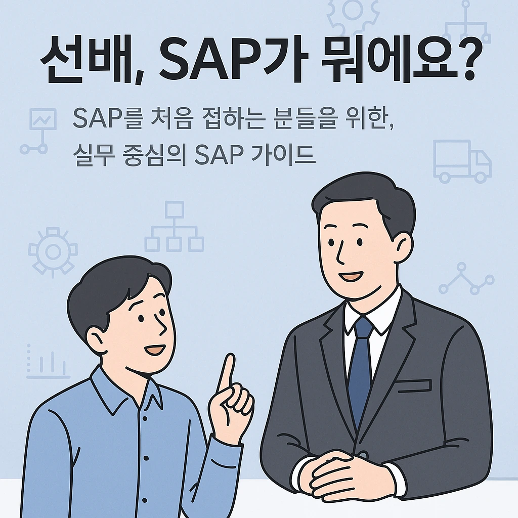 A clean, modern cover image for a LinkedIn post or presentation titled '선배, SAP가 뭐에요' with a subtit.jpeg