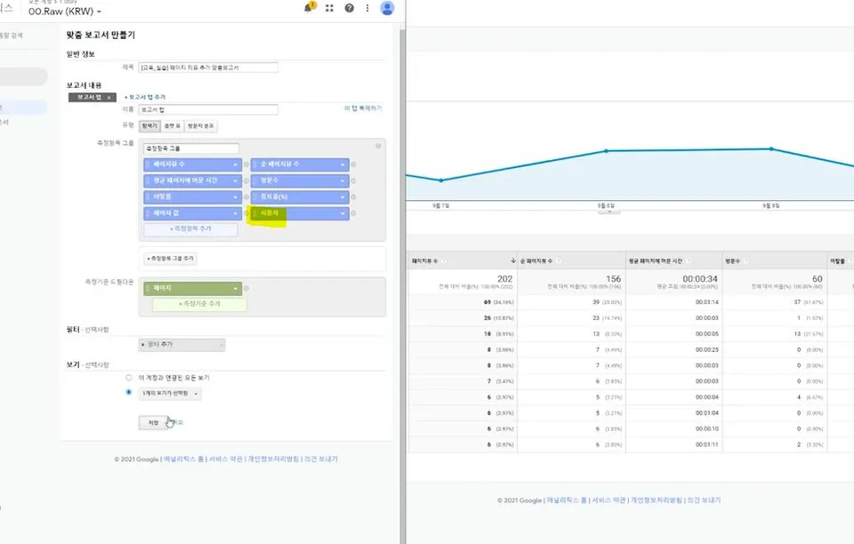 보고서에 있는 항목들 입력한 뒤, 사용자 지표를 추가하려고 했으므로 사용자도 추가.JPG