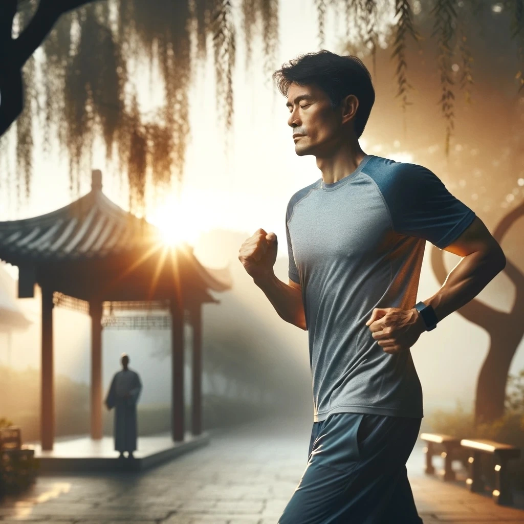 DALL·E 2024-03-17 12.53.49 - Imagine a spirited East Asian man in his 40s, who rises at 6_30 AM every morning to begin his day with exercise. This scene captures him in the early .jpeg