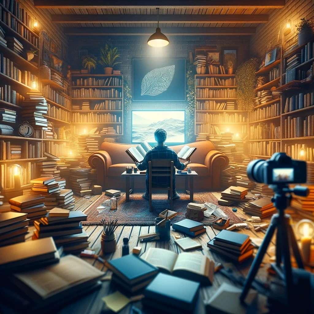 DALL·E 2024-03-17 12.42.20 - Imagine a person sitting in a cozy, well-lit room filled with books. They are deeply engrossed in reading a book, with notes and a laptop open in fron.jpeg