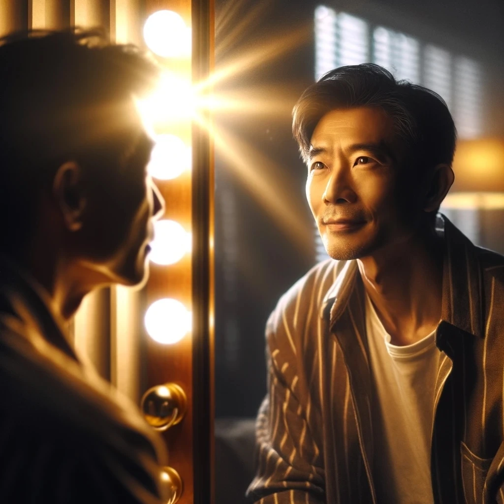 DALL·E 2024-03-17 12.40.52 - A young East Asian man in his 20s is looking into a mirror. Reflected in the mirror is his future self in his 50s, exuding a warm demeanor and brimmin.jpeg