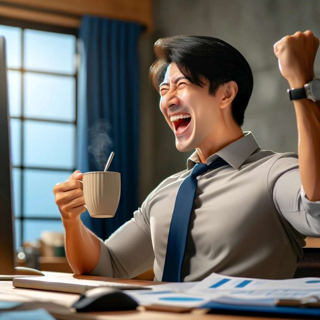 DALL·E 2024-03-17 12.57.29 - Depict a 30-year-old East Asian man rejoicing over a small achievement. The scene captures him in a moment of pure joy and satisfaction, possibly in h.jpeg