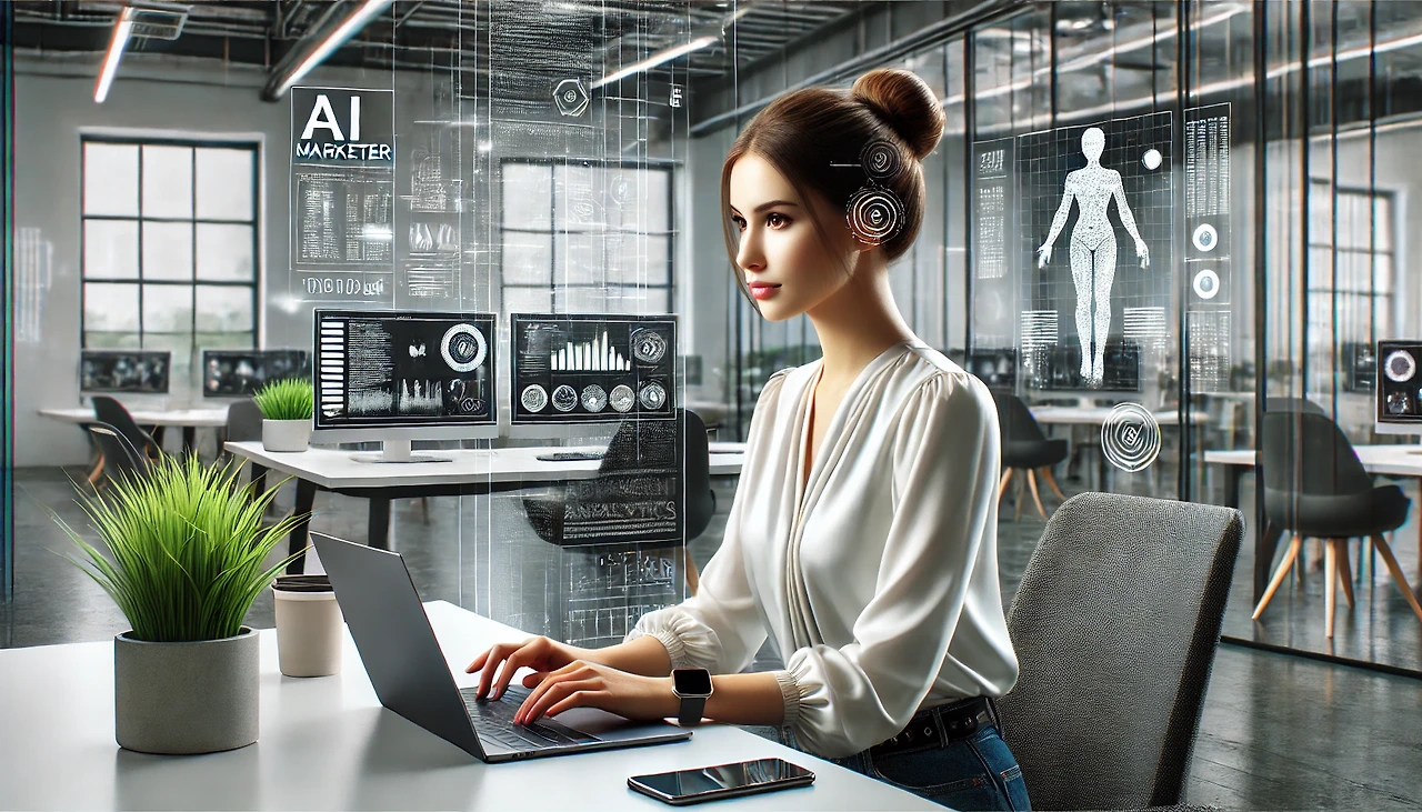 DALL%C2%B7E%202024-06-19%2011.44.44%20-%20A%20female%20AI%20marketer%20sitting%20at%20a%20desk%20working.%20She%20is%20focused%20on%20a%20laptop%20with%20advanced%20marketing%20analytics%20software%20on%20the%20screen.%20The%20office%20is%20ult.webp