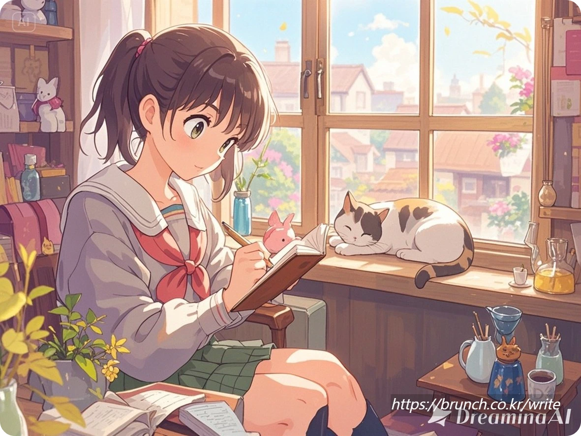 dreamina-2025-10-19-1226-지브리풍, 창가에 앉아 작은 노트에 감사 일기를 쓰는 소녀, 옆에는 졸고....jpeg