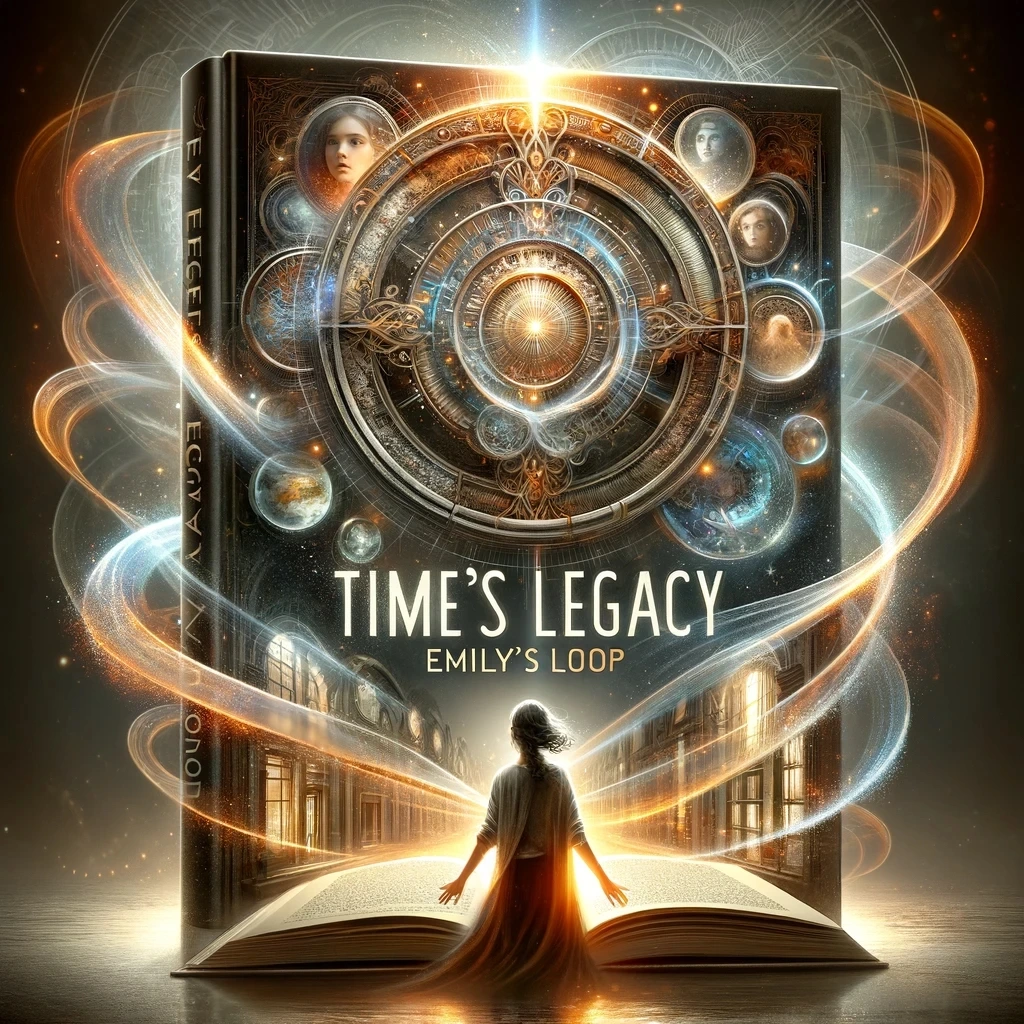 DALL·E 2024-03-06 13.11.59 - Design a captivating book cover for 'Time's Legacy_ Emily's Loop', a novel about a middle-aged historian, Emily, who is trapped in a time loop due to .jpeg