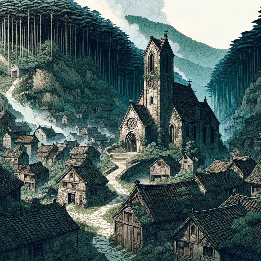DALL·E 2024-03-06 14.03.24 - An illustration for a mysterious and secluded small village named '암흑골' nestled in a deep valley surrounded by ancient forests. The village has a medi.jpeg