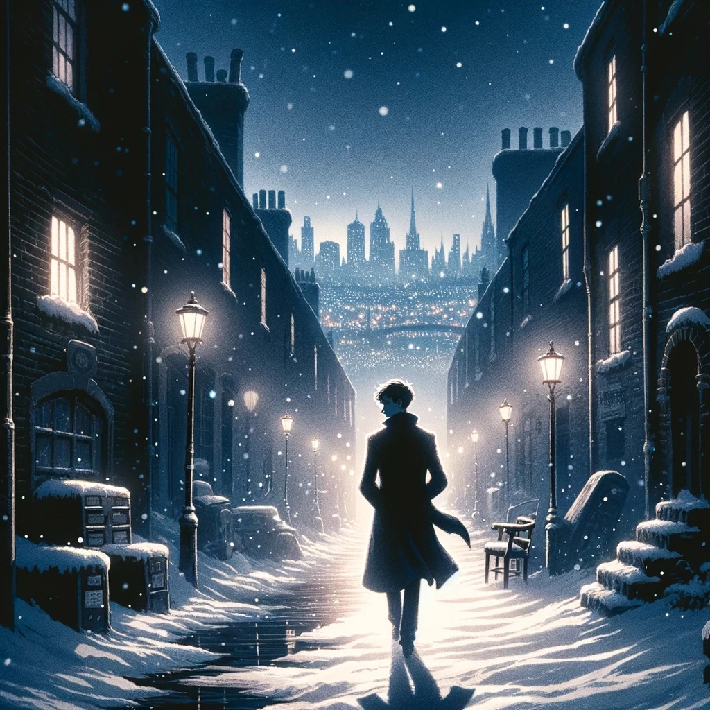 DALL·E 2024-03-06 14.09.39 - A beautiful illustration capturing a poignant moment in a novel's opening_ It's a cold winter night, and Erik walks alone down a narrow, unlit alleywa.jpeg