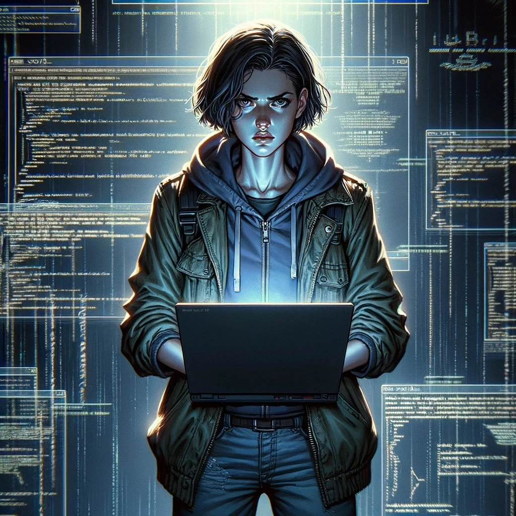 DALL·E 2024-03-06 13.35.18 - Illustrate an image of Lina Cobalt, a former promising software engineer turned hacker, who is determined to bring down corrupt corporations. Lina is .jpeg