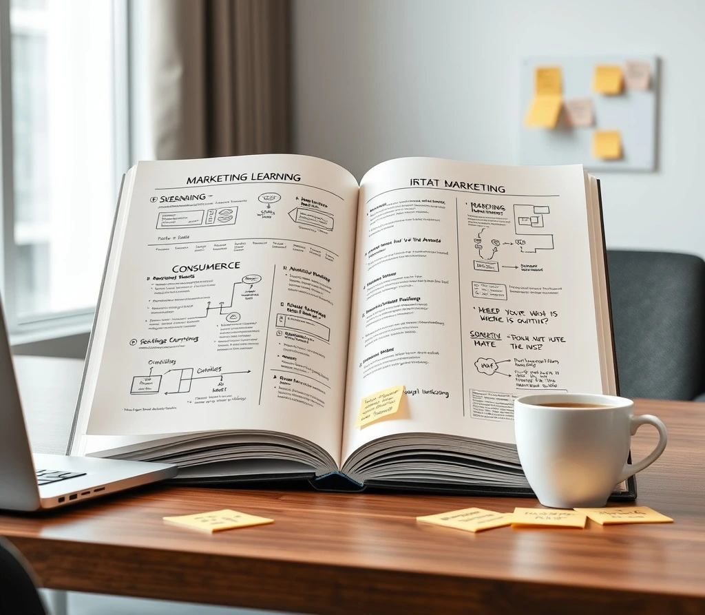 A modern, sleek, and professional digital workspace featuring a large open book with marketing-relat.jpeg