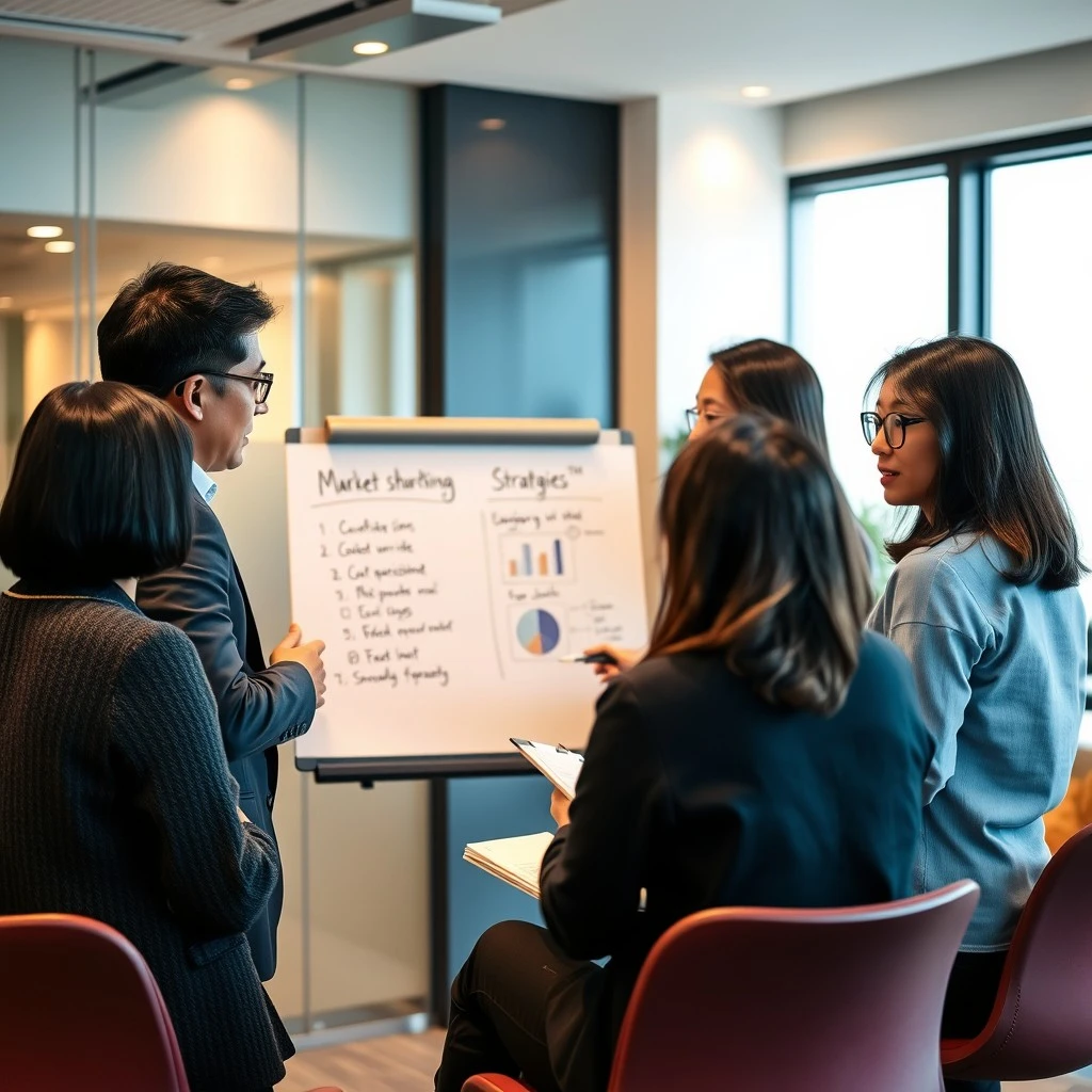 _A small group of East Asian professionals discussing marketing strategies in a modern and minimalis.jpeg