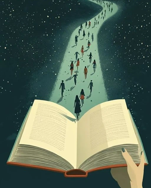 Midjourney_  A book guides figures through a starry night sky_.jfif