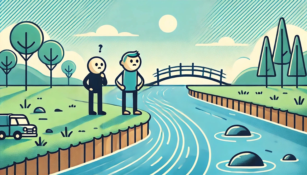 DALL·E 2024-11-06 00.11.40 - A horizontally wide illustration showing two stick figures by a river. One stick figure looks worried or contemplative, standing close to the edge of .jpeg