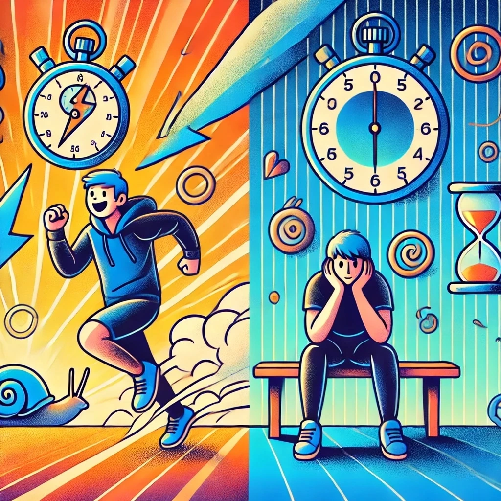 DALL·E 2025-01-01 01.28.59 - A split-panel illustration. On the left side, a person happily running with a stopwatch showing a short amount of time, surrounded by symbols of speed.jpeg