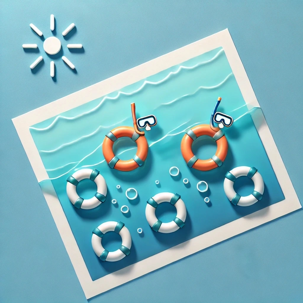 DALL·E 2024-12-27 11.00.39 - A simple scene with two floating tubes and two snorkelers in the water. The layout is_ one tube on the left, followed by a snorkeler, another snorkele.jpeg